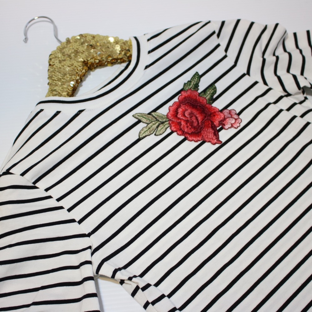 White Black Striped Embroidered T-Shirt Dress - Picture 8 of 8